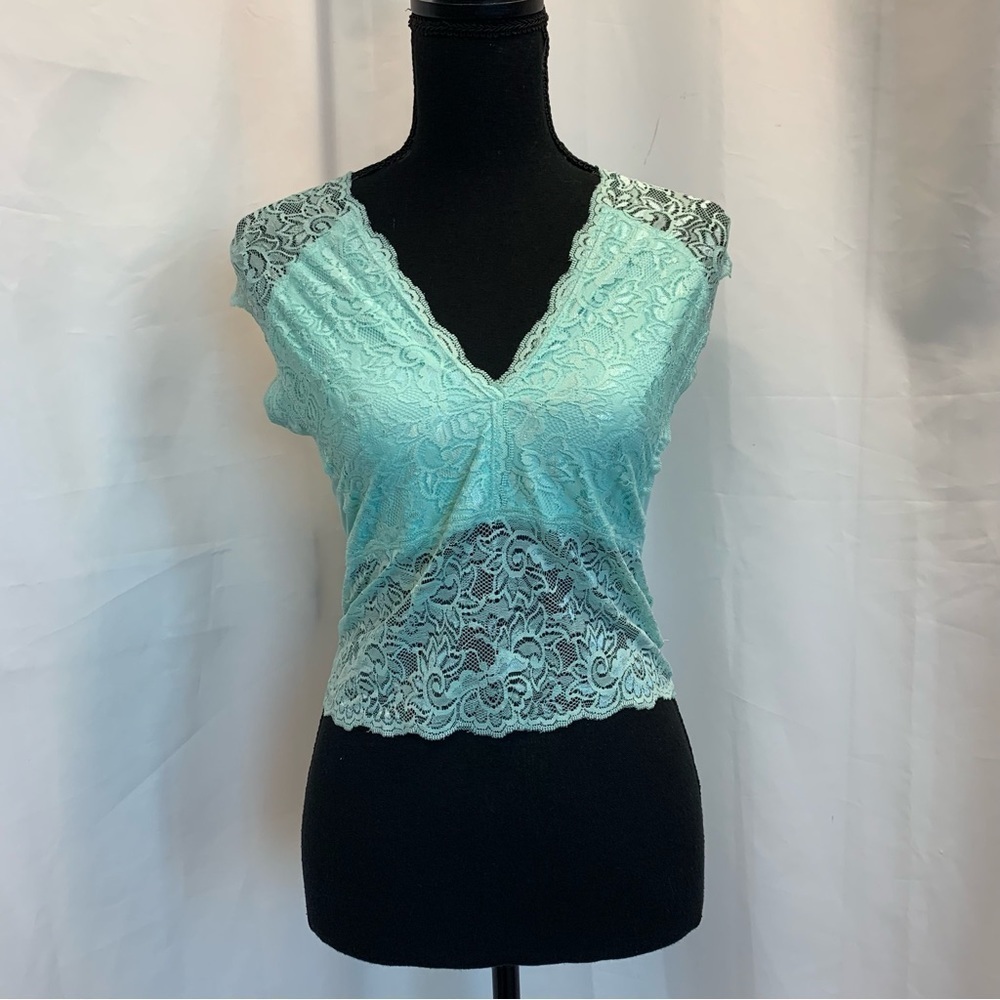 UK2LA blue lace stretchy V-neck sleeveless top crisscross back L clubwear NWOT